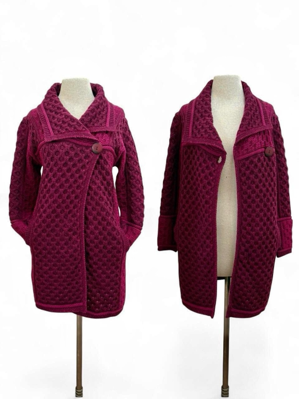 ARAN Crafts Ireland Chunky Two Tone Merino Wool Coatigan Sweater In Wine Size XS